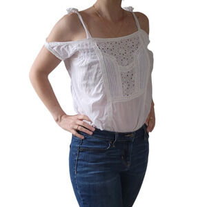 Johnny Was White Top Cold Shoulder Semi-Sheer Crochet Embroidery Cotton Eyelet